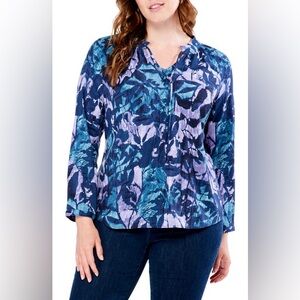 Nic+Zoe Blouse Tie Neck Long Sleeve Indigo Vines Live In Top Sz XL Artsy Vibrant